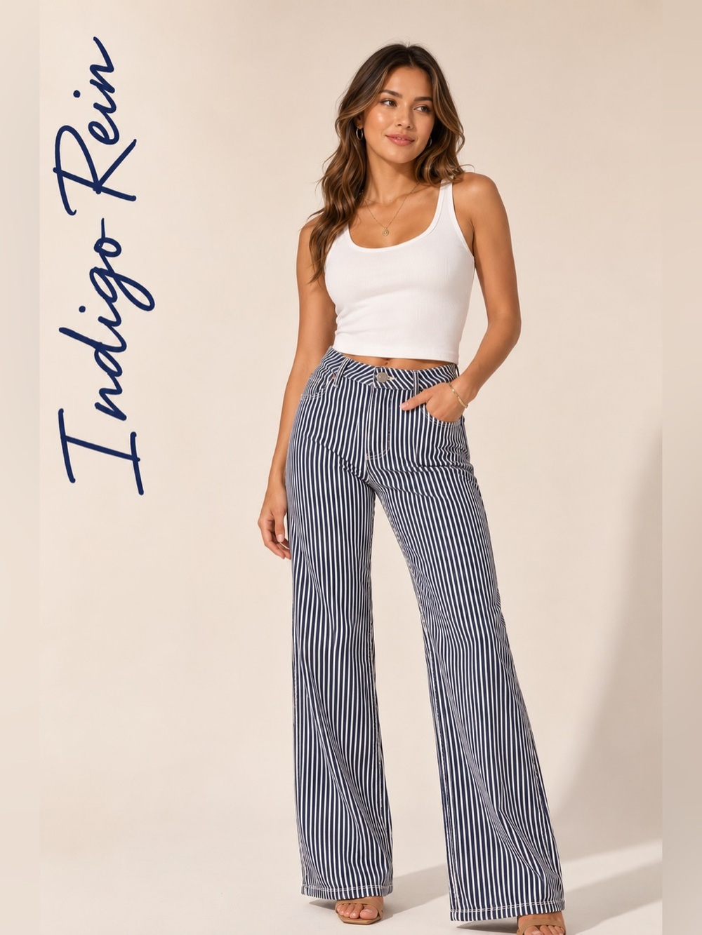 INDIGO REIN Blue & White Striped Y2K Wide Leg Flare Jeans Women’s Size 1/24